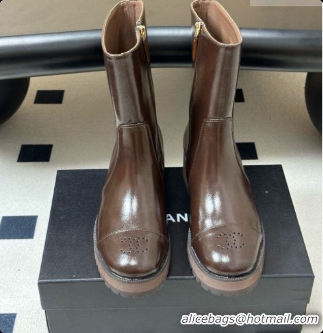 Buy Luxury Chanel Short Boots in Shiny Calfskin 4cm Heel G47353 CH090929 Dark Brown 2026