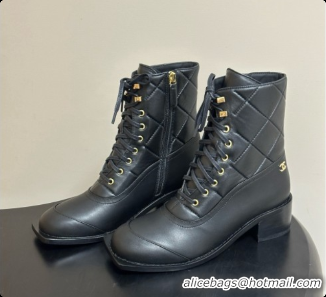 Good Quality Chanel Calfskin & Lambskin Laced-up Ankle Boots CH090930 Black 2026