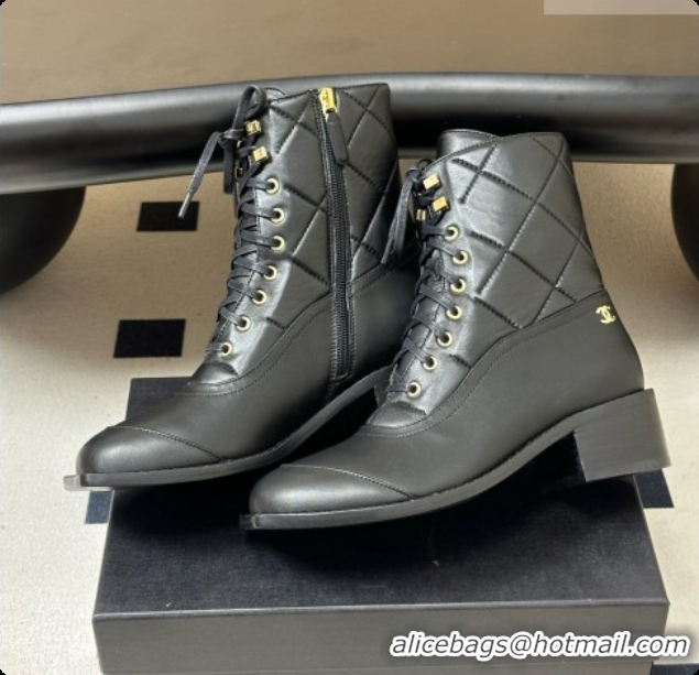 Good Quality Chanel Calfskin & Lambskin Laced-up Ankle Boots CH090930 Black 2026