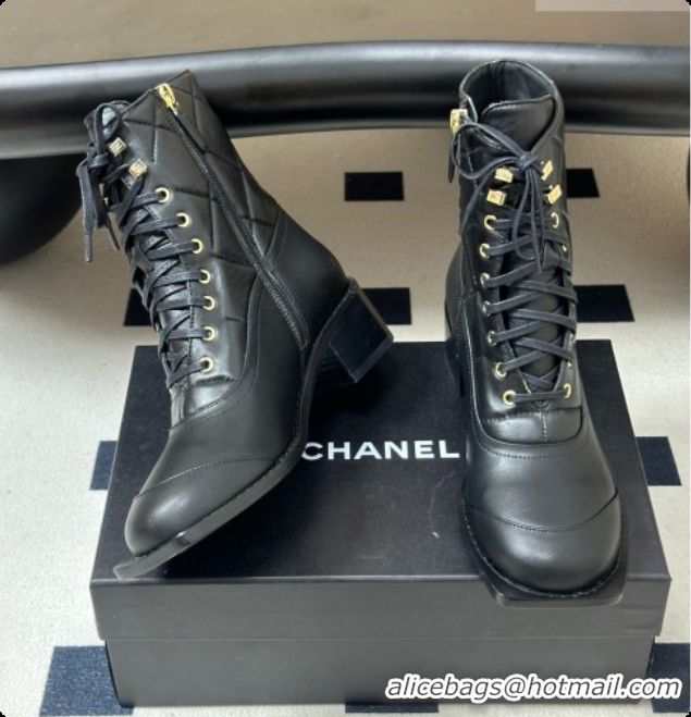 Good Quality Chanel Calfskin & Lambskin Laced-up Ankle Boots CH090930 Black 2026