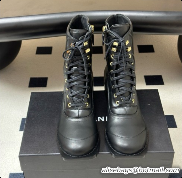Good Quality Chanel Calfskin & Lambskin Laced-up Ankle Boots CH090930 Black 2026