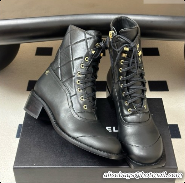 Good Quality Chanel Calfskin & Lambskin Laced-up Ankle Boots CH090930 Black 2026