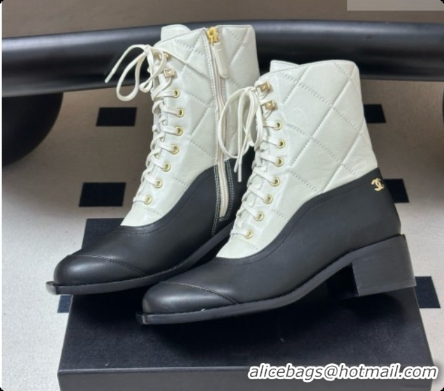 Unique Style Chanel Calfskin & Lambskin Laced-up Ankle Boots CH090931 White/Black 2026