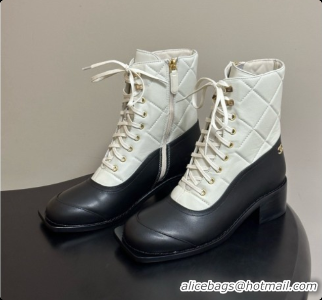 Unique Style Chanel Calfskin & Lambskin Laced-up Ankle Boots CH090931 White/Black 2026