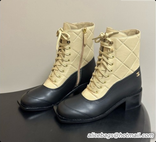 Luxurious Chanel Calfskin & Lambskin Laced-up Ankle Boots CH090932 Beige/Black 2026