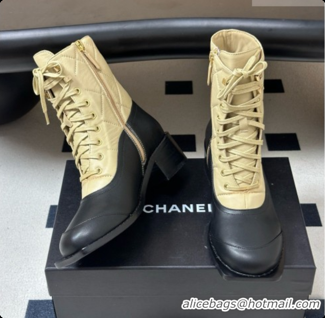 Luxurious Chanel Calfskin & Lambskin Laced-up Ankle Boots CH090932 Beige/Black 2026