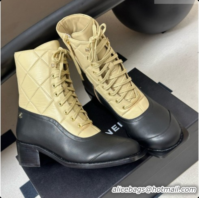 Luxurious Chanel Calfskin & Lambskin Laced-up Ankle Boots CH090932 Beige/Black 2026