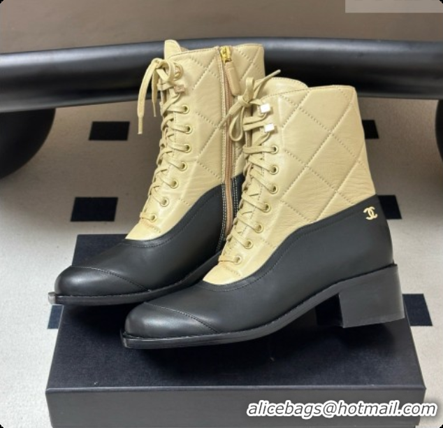Luxurious Chanel Calfskin & Lambskin Laced-up Ankle Boots CH090932 Beige/Black 2026