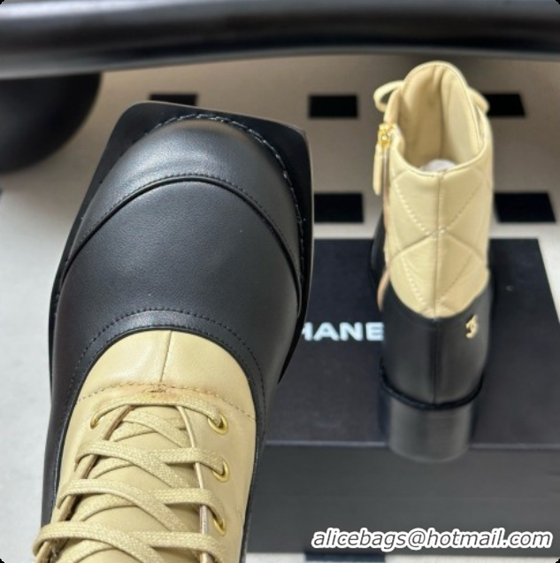 Luxurious Chanel Calfskin & Lambskin Laced-up Ankle Boots CH090932 Beige/Black 2026