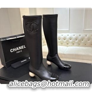 Unique Discount Chanel Lambskin & Patent Leather High Boots with Maxi Pearl Heel CH090933 Black 2026