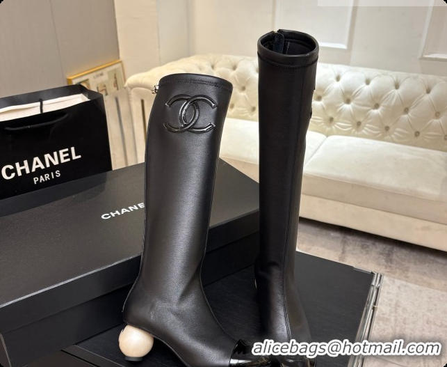 Unique Discount Chanel Lambskin & Patent Leather High Boots with Maxi Pearl Heel CH090933 Black 2026