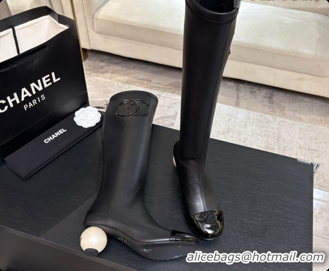 Unique Discount Chanel Lambskin & Patent Leather High Boots with Maxi Pearl Heel CH090933 Black 2026