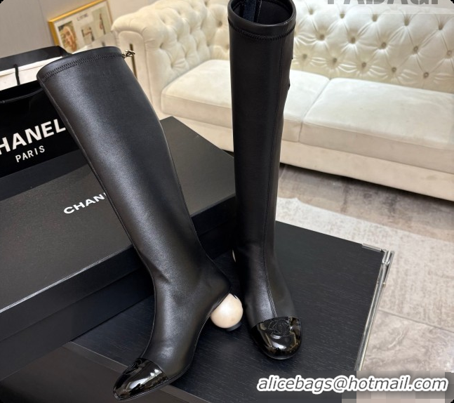 Unique Discount Chanel Lambskin & Patent Leather High Boots with Maxi Pearl Heel CH090933 Black 2026