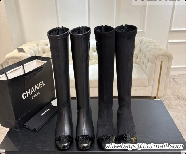 Unique Discount Chanel Lambskin & Patent Leather High Boots with Maxi Pearl Heel CH090933 Black 2026