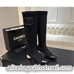 Buy Discount Chanel Suede & Patent Leather High Boots with Maxi Pearl Heel CH090934 Black 2026 