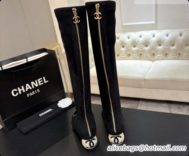 Buy Discount Chanel Suede & Patent Leather High Boots with Maxi Pearl Heel CH090934 Black 2026 