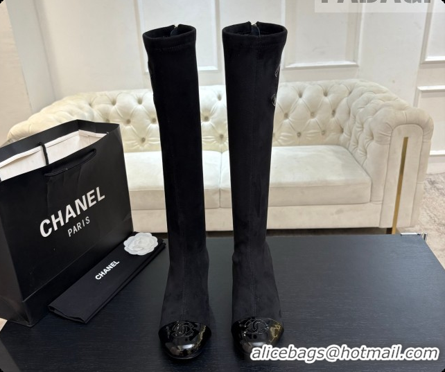 Buy Discount Chanel Suede & Patent Leather High Boots with Maxi Pearl Heel CH090934 Black 2026 