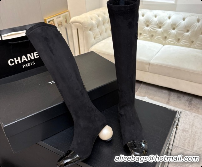 Buy Discount Chanel Suede & Patent Leather High Boots with Maxi Pearl Heel CH090934 Black 2026 