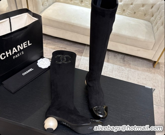 Buy Discount Chanel Suede & Patent Leather High Boots with Maxi Pearl Heel CH090934 Black 2026 