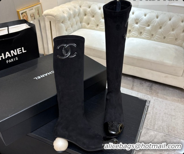 Buy Discount Chanel Suede & Patent Leather High Boots with Maxi Pearl Heel CH090934 Black 2026 