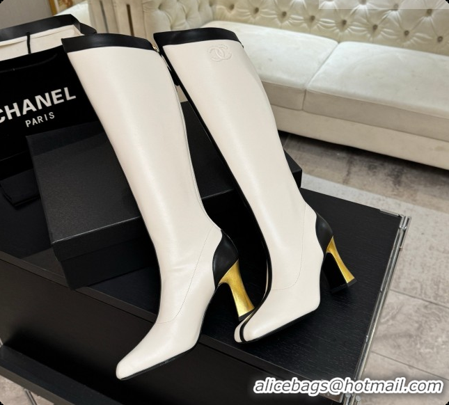 Shop Duplicate Chanel High Boots in Smooth Calfskin 8.5cm Heel CH090950 White 2026