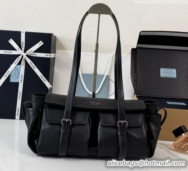 Low Price Prada Route Medium Leather Tote Bag 1BG648 Black 2026