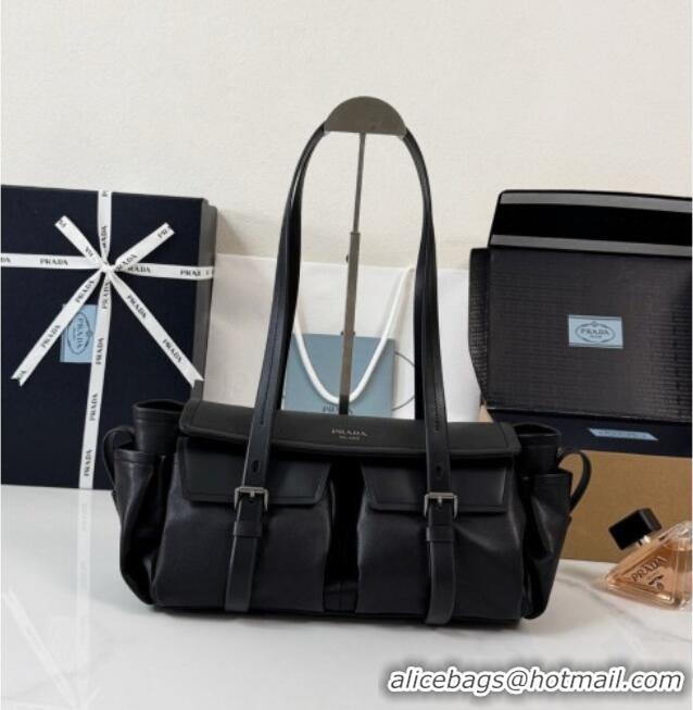 Low Price Prada Route Medium Leather Tote Bag 1BG648 Black 2026