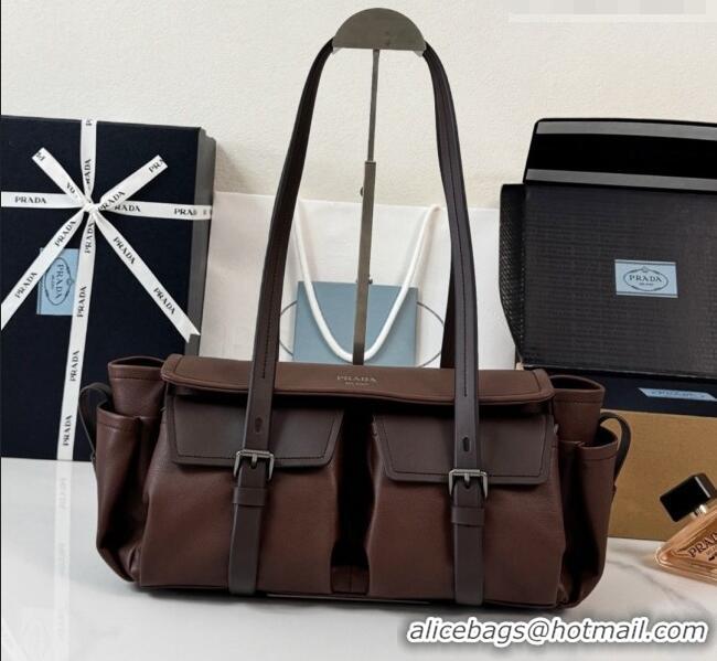 Classic Discount Prada Route Medium Leather Tote Bag 1BG648 Brown 2026