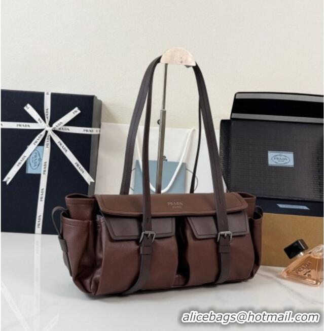 Classic Discount Prada Route Medium Leather Tote Bag 1BG648 Brown 2026