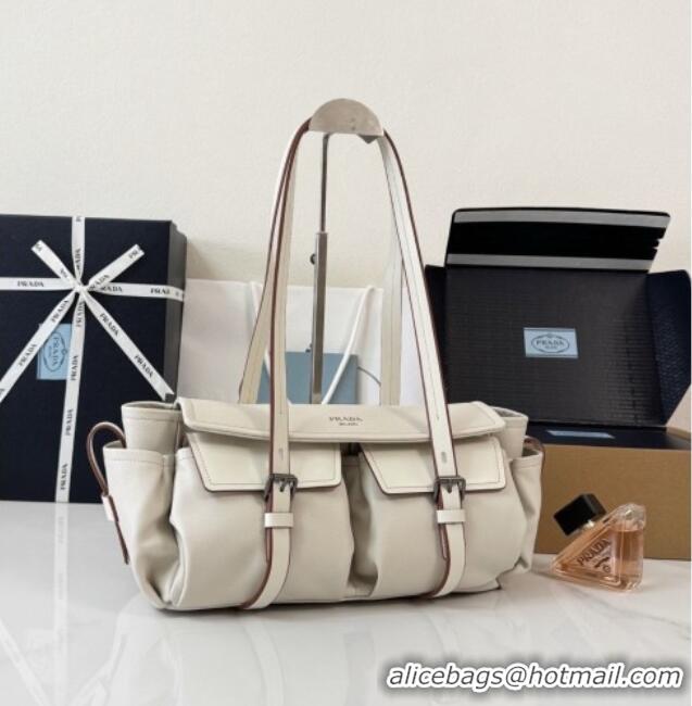 Inexpensive Prada Route Medium Leather Tote Bag 1BG648 White 2026