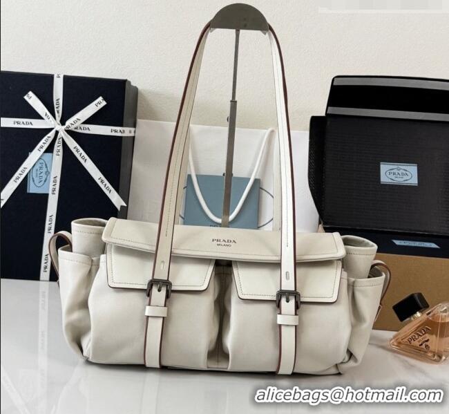 Inexpensive Prada Route Medium Leather Tote Bag 1BG648 White 2026
