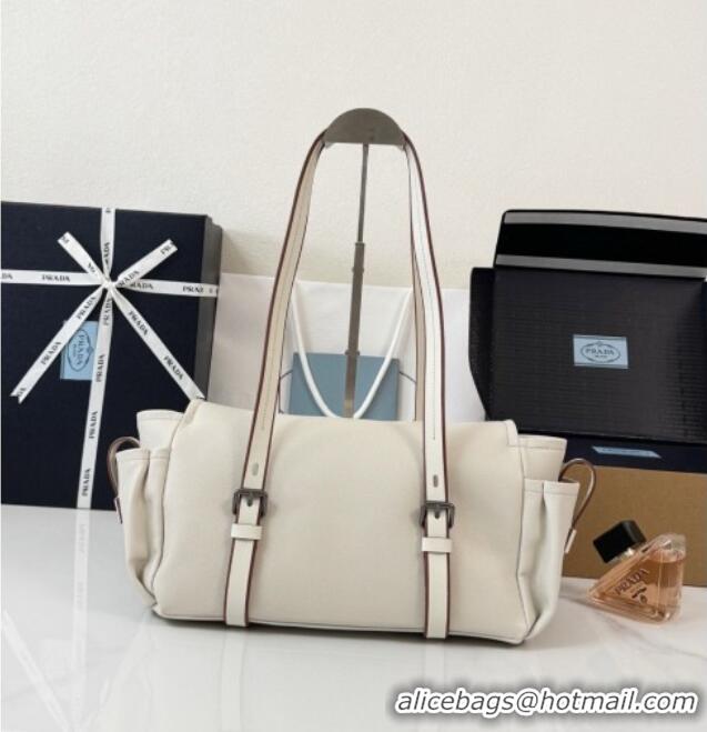 Inexpensive Prada Route Medium Leather Tote Bag 1BG648 White 2026
