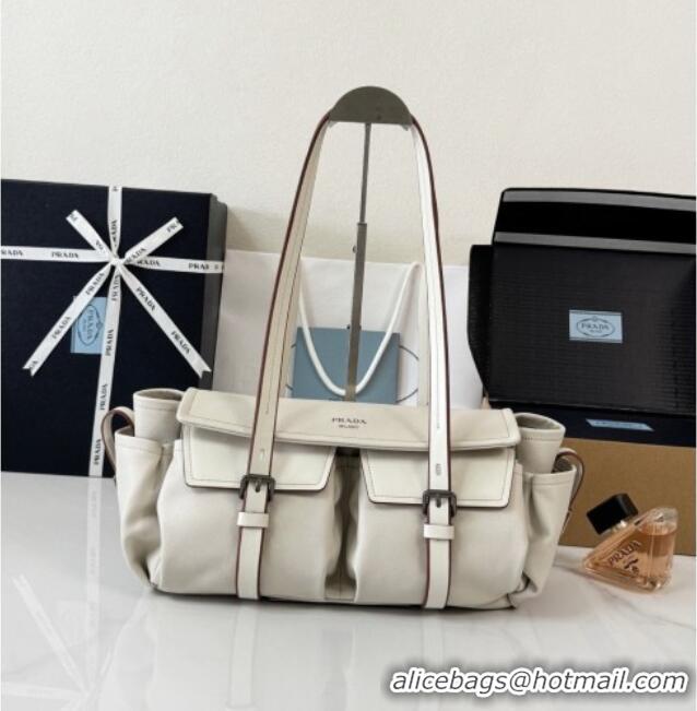 Inexpensive Prada Route Medium Leather Tote Bag 1BG648 White 2026