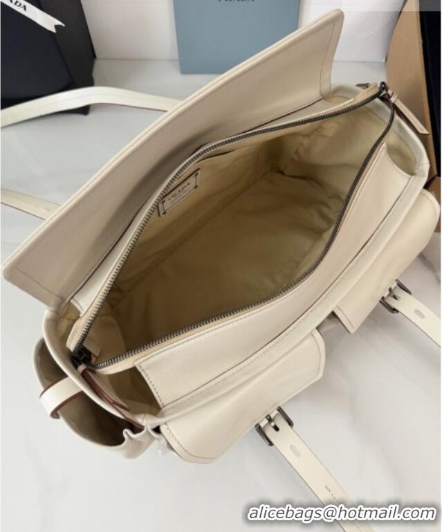 Inexpensive Prada Route Medium Leather Tote Bag 1BG648 White 2026