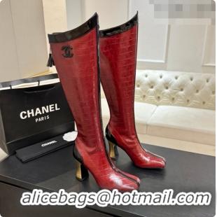 Shop Duplicate Chanel High Boots in Crocodile Embossed Calfskin 8.5cm Heel CH090953 Burgundy 2026
