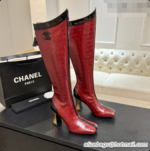 Shop Duplicate Chanel High Boots in Crocodile Embossed Calfskin 8.5cm Heel CH090953 Burgundy 2026