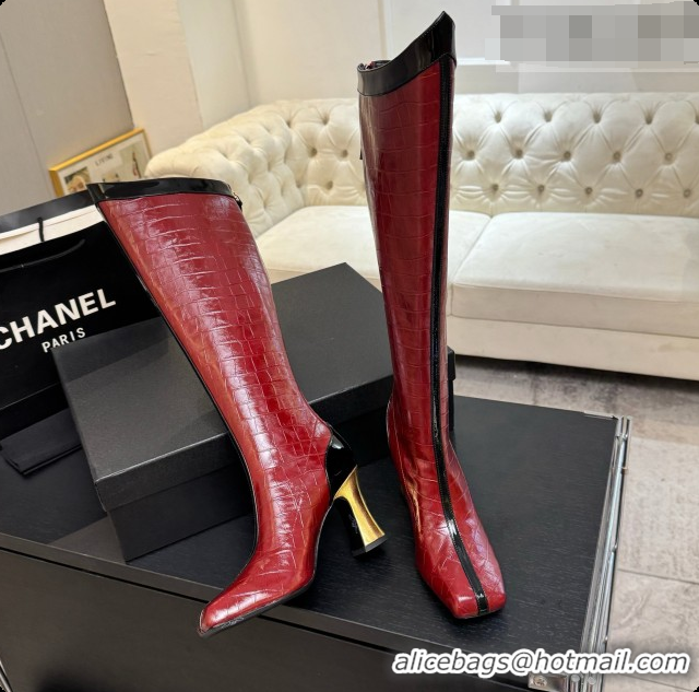 Shop Duplicate Chanel High Boots in Crocodile Embossed Calfskin 8.5cm Heel CH090953 Burgundy 2026