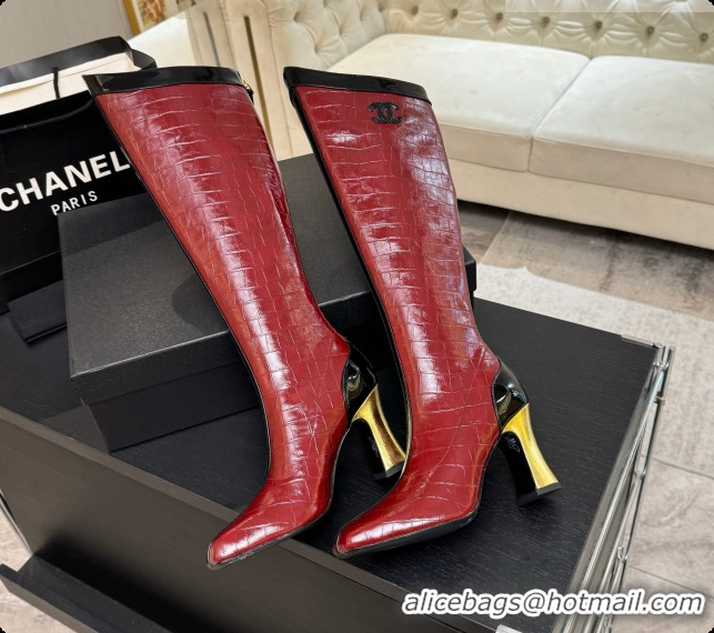 Shop Duplicate Chanel High Boots in Crocodile Embossed Calfskin 8.5cm Heel CH090953 Burgundy 2026