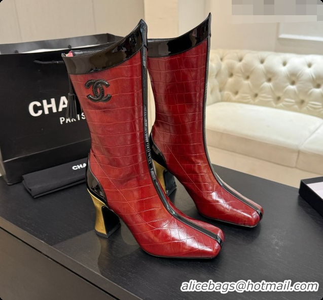 Popular Style Chanel Short Boots in Crocodile embossed Calfskin 8.5cm Heel CH090954 Burgundy 2026