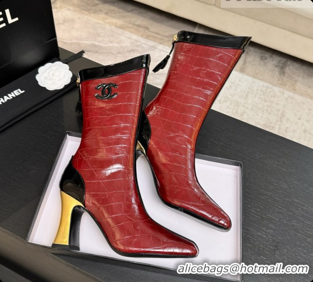 Popular Style Chanel Short Boots in Crocodile embossed Calfskin 8.5cm Heel CH090954 Burgundy 2026