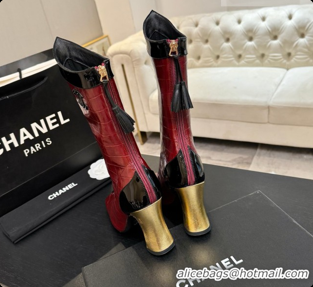 Popular Style Chanel Short Boots in Crocodile embossed Calfskin 8.5cm Heel CH090954 Burgundy 2026
