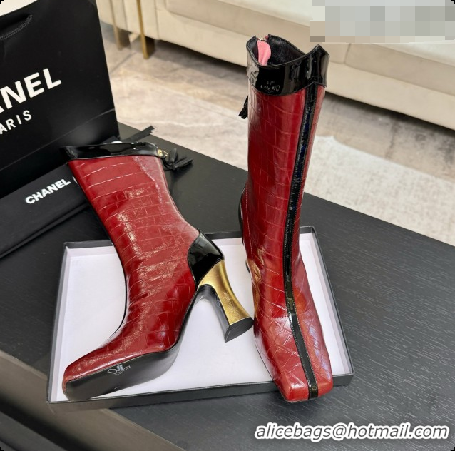 Popular Style Chanel Short Boots in Crocodile embossed Calfskin 8.5cm Heel CH090954 Burgundy 2026