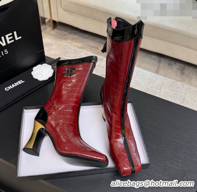 Popular Style Chanel Short Boots in Crocodile embossed Calfskin 8.5cm Heel CH090954 Burgundy 2026