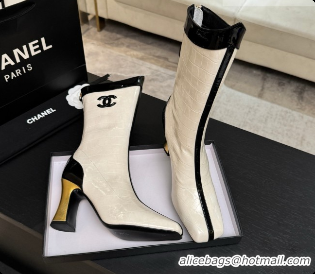 Luxury Chanel Short Boots in Crocodile embossed Calfskin 8.5cm Heel CH090955 White 2026
