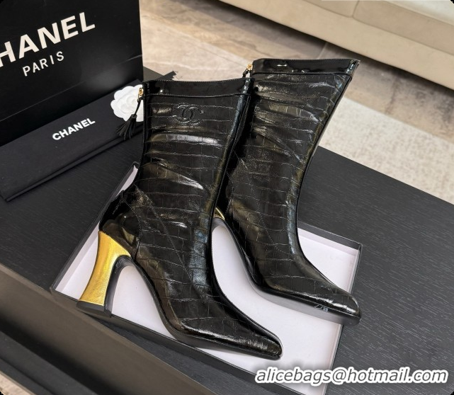 Good Looking Chanel Short Boots in Crocodile embossed Calfskin 8.5cm Heel CH090958 Black 2026
