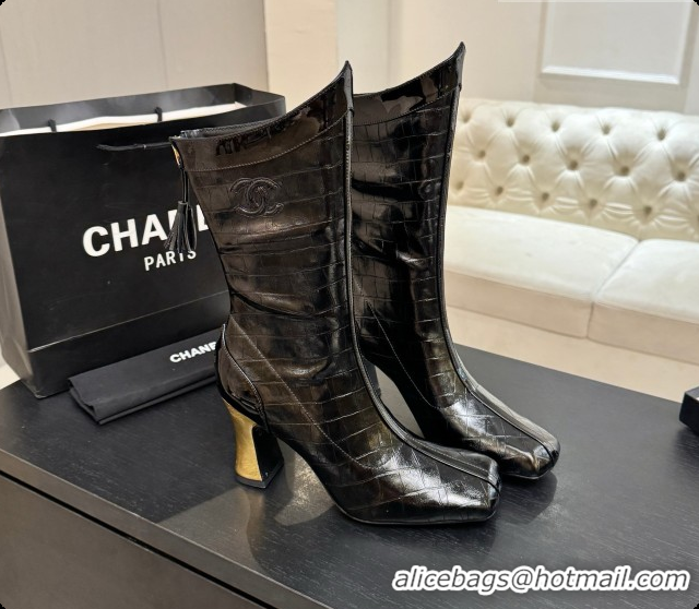 Good Looking Chanel Short Boots in Crocodile embossed Calfskin 8.5cm Heel CH090958 Black 2026