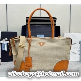 Well Crafted Prada Large Linen and Leather Tote Bag 1BG659 Brown/Natural 2026