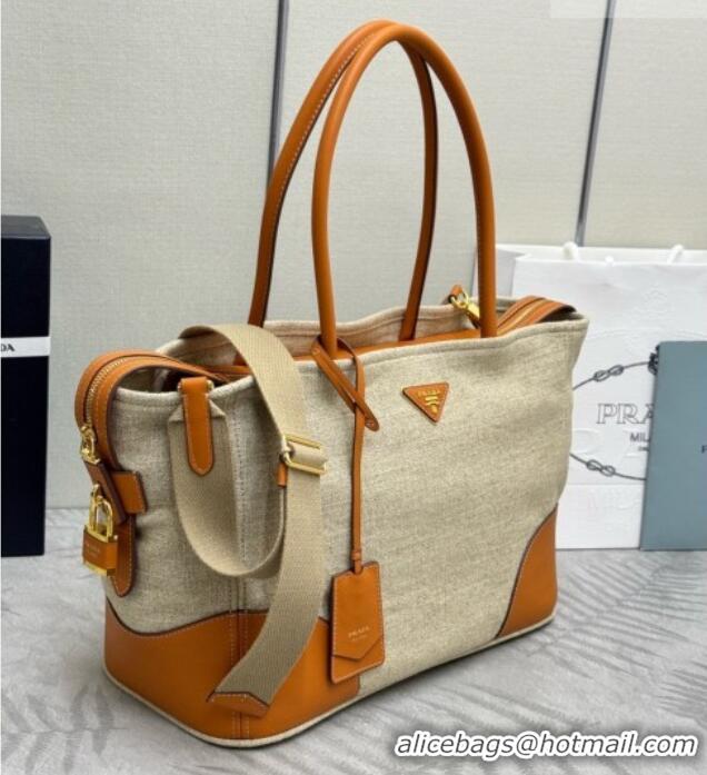 Well Crafted Prada Large Linen and Leather Tote Bag 1BG659 Brown/Natural 2026