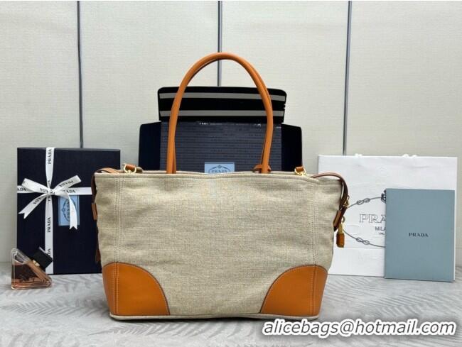 Well Crafted Prada Large Linen and Leather Tote Bag 1BG659 Brown/Natural 2026