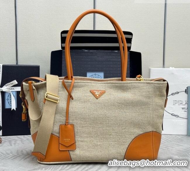 Well Crafted Prada Large Linen and Leather Tote Bag 1BG659 Brown/Natural 2026